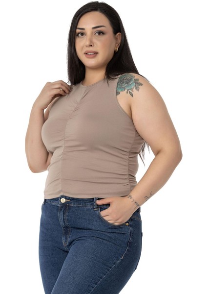 Büyük Beden Önü ve Yanları Drapeli Halter Yaka Vizon Body fırsatları