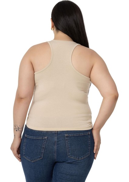 Büyük Beden Önü ve Yanları Drapeli Halter Yaka Bej Rengi Body modelleri