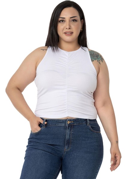 Büyük Beden Önü ve Yanları Drapeli Halter Yaka Beyaz Body