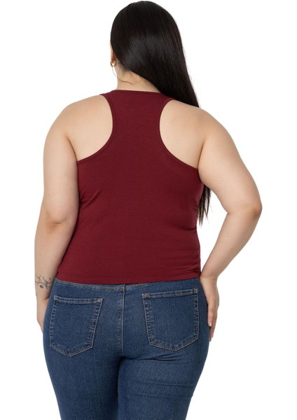Büyük Beden Önü ve Yanları Drapeli Halter Yaka Bordo Body modelleri