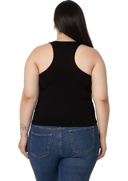 Büyük Beden Önü ve Yanları Drapeli Halter Yaka Siyah Body modelleri