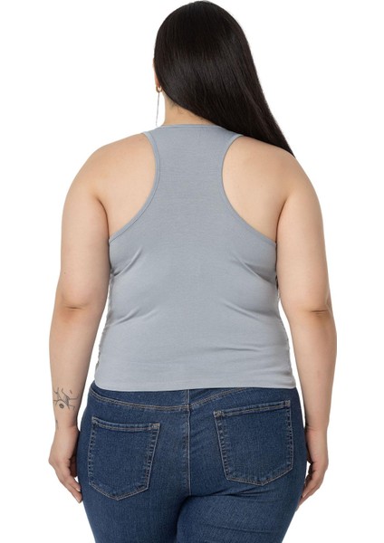 Büyük Beden Önü ve Yanları Drapeli Halter Yaka Gri Body modelleri
