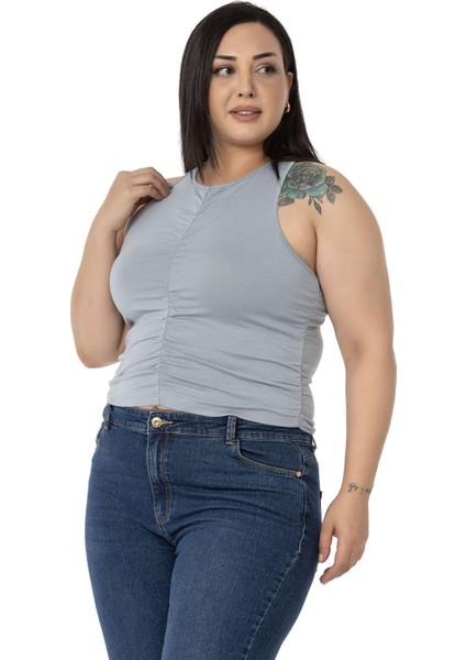 Büyük Beden Önü ve Yanları Drapeli Halter Yaka Gri Body fırsatları