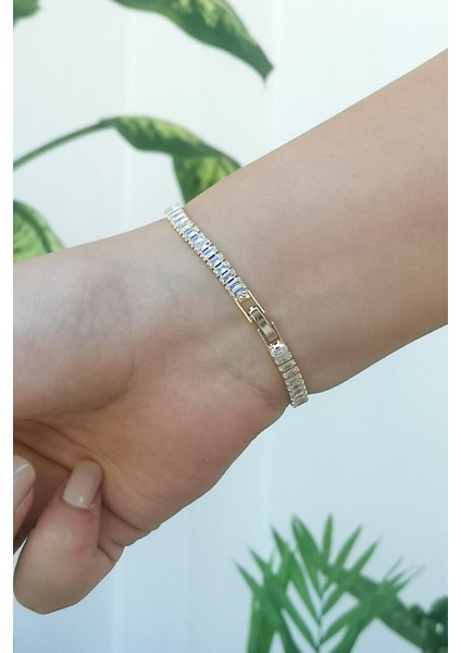 Gold Zirkon Taşlı Baget Model 4mm Su Yolu Bileklik