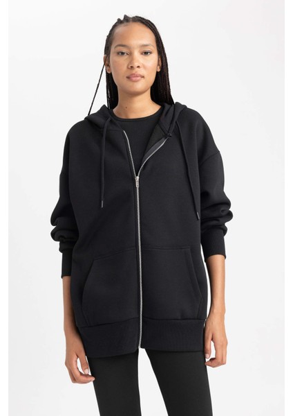 Oversize Fit Kapüşonlu Kalın Kumaş Hırka V7995AZ23WN