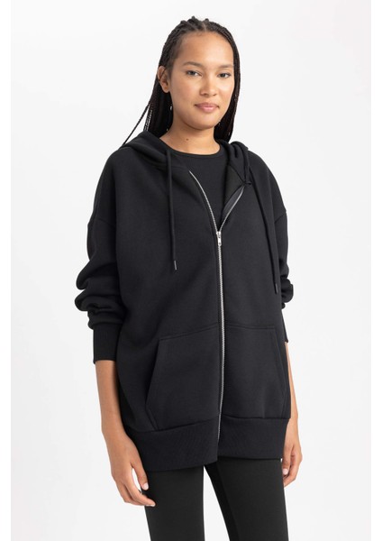 Oversize Fit Kapüşonlu Kalın Kumaş Hırka V7995AZ23WN