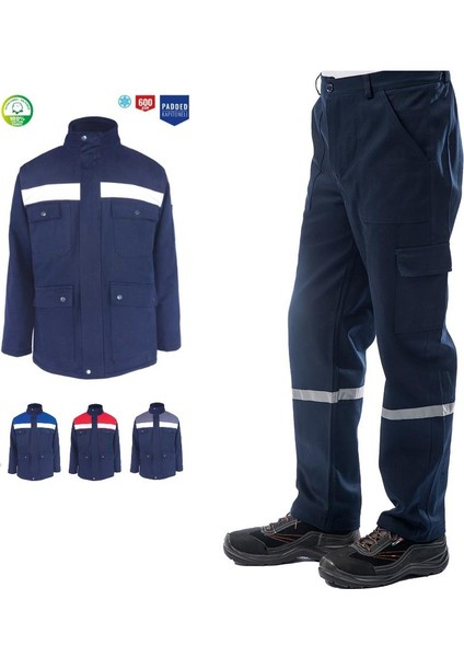 Kışlık İş Takımı Çok Cepli Reflektörlü Mont 4111 ve 7/7 İş Pantolonu 2958 Lacivert Renk Yüzde Yüz Pamuk