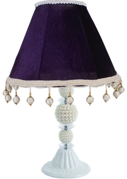 Mor Kadife Vintage Abajur Beyaz Metal Incili Ayak AB07462