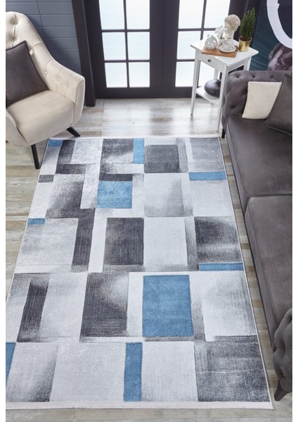 Okara Mavi Modern Dijital Baskı Halı