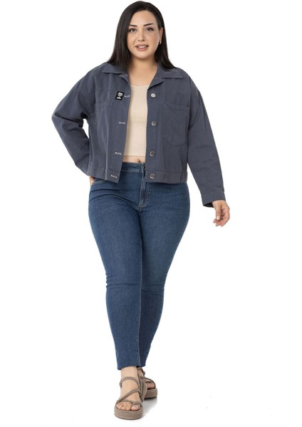 Büyük Beden Çift Cepli Gabardin Kısa Antrasit Ceket