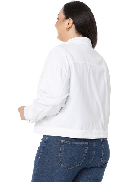 Büyük Beden Çift Cepli Gabardin Kısa Beyaz Ceket modelleri