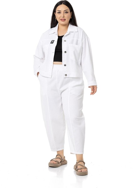 Büyük Beden Çift Cepli Gabardin Kısa Beyaz Ceket fırsatları