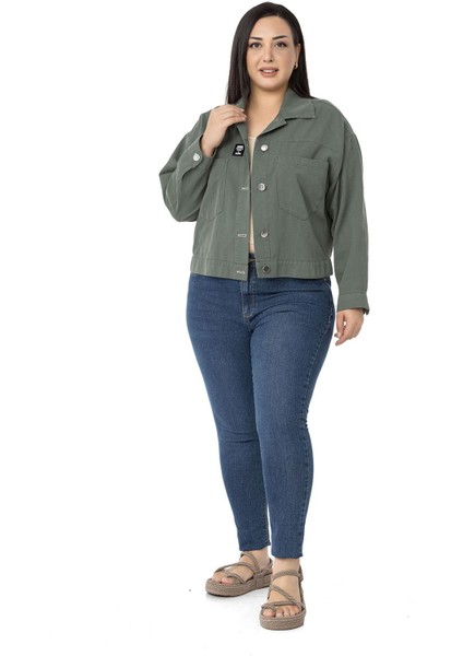 Büyük Beden Çift Cepli Gabardin Kısa Haki Ceket