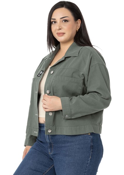Büyük Beden Çift Cepli Gabardin Kısa Haki Ceket fırsatları