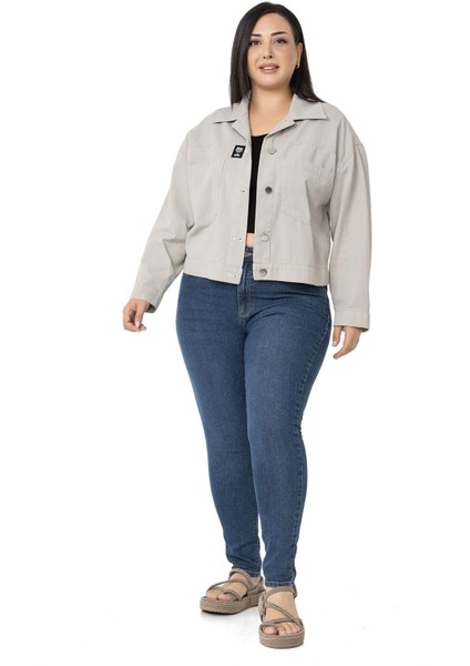 Büyük Beden Çift Cepli Gabardin Kısa Taş Rengi Ceket