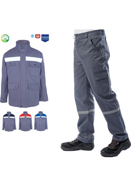 Kışlık Iş Takımı Çok Cepli Reflektörlü Mont 4111 ve 7/7 Iş Pantolonu 2958 Gri Renk Yüzde Yüz Pamuk