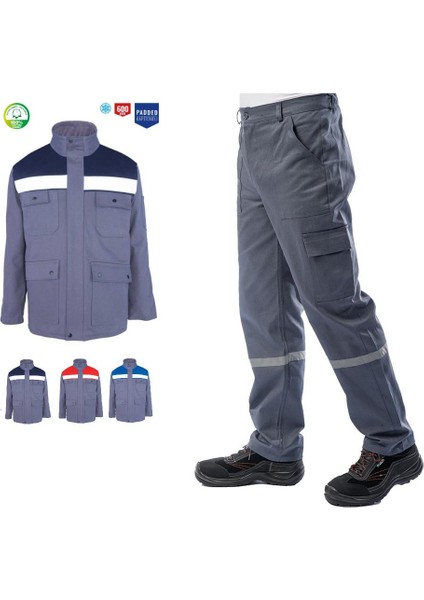 Kışlık Iş Takımı Çok Cepli Reflektörlü Mont 4111 ve 7/7 Iş Pantolonu 2958 Gri Renk Yüzde Yüz Pamuk modelleri