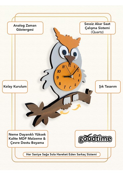 Goodtime Gri Baykuş Sarkaçlı Dekoratif Duvar Saati fiyatları