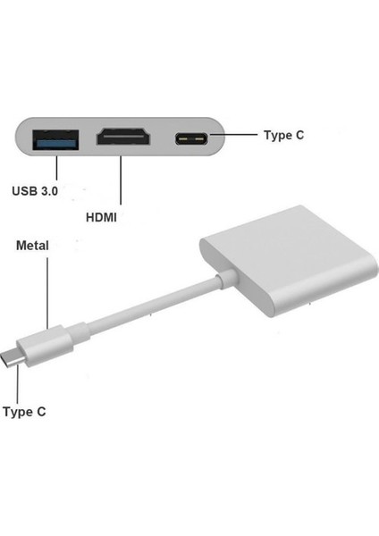 Blue Wings Type-C To HDMI USB 3.0 Çevirici 3'in 1 Dönüştürücü Adaptör Multifunction - Gümüş