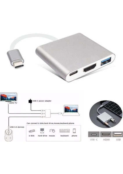 Blue Wings Type-C To HDMI USB 3.0 Çevirici 3'in 1 Dönüştürücü Adaptör Multifunction - Gümüş