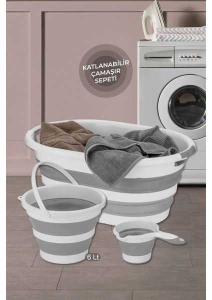 3'lü Temizlik Seti - Katlanır Sele Çamaşır Sepeti - Katlanabilir Su Kovası - Koçero Maşrapa