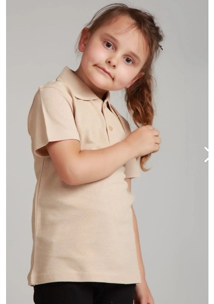 Unisex Cocuk Polo Yaka Kısa Kol Krem Okul T-Shirt