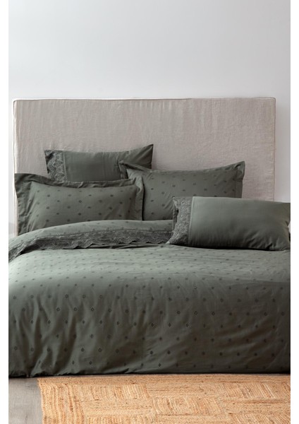 Ahter Çift Kişilik Nevresim Takımı %100 Organik Pamuk Saten Brodeli Yeşil 200X220 cm