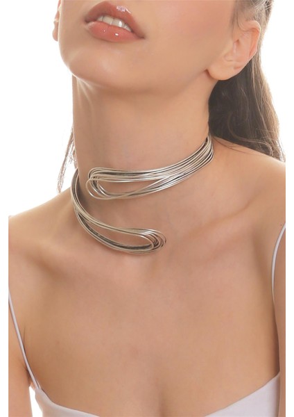 Kadın Antik Gümüş Kaplama Açık Bant El Yapımı Tel Sarma Tasarım Kolye&choker