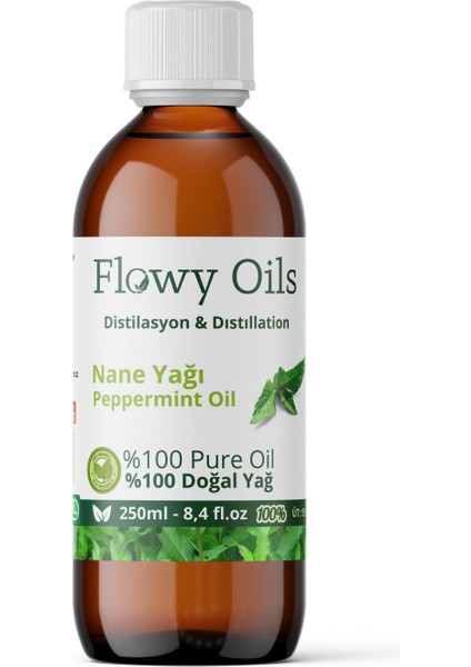 Flowy Oils Nane Yağı %100 Doğal Bitkisel Uçucu Yağ Cam Şişe Büyük Boy Peppermint Oil 250ML