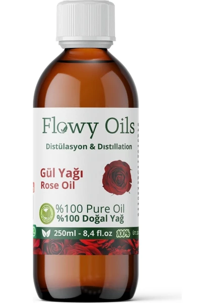 Flowy Oils Gül Yağı %100 Doğal Bitkisel Uçucu Yağ Cam Şişe Büyük Boy Rose Oil 250ML