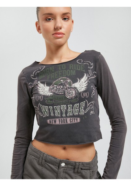 Uzun Kollu Tişört Yıkamalı Baskılı Bisiklet Yaka