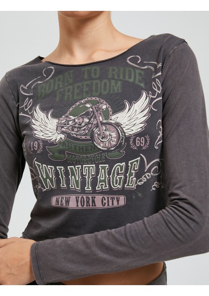 Uzun Kollu Tişört Yıkamalı Baskılı Bisiklet Yaka indirimleri