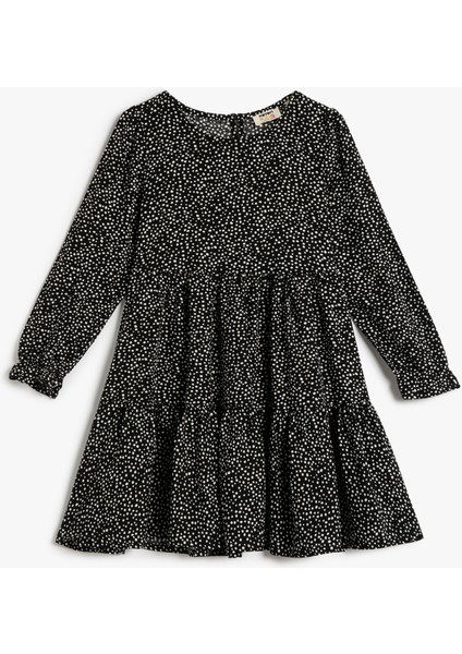 Uzun Kollu Midi Elbise Puantiyeli Yuvarlak Yaka Manşetleri Lastikli