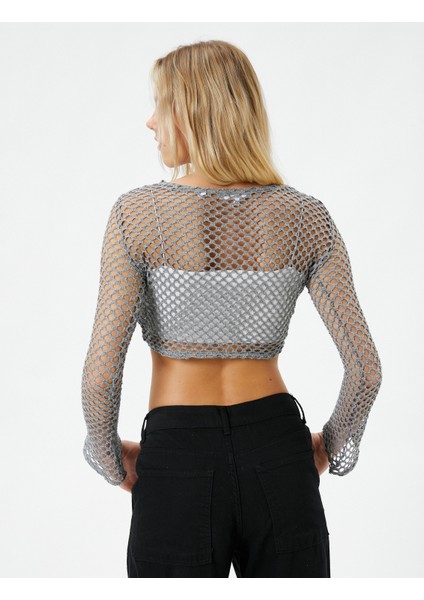 Uzun Kollu Tişört Crop Sim Detaylı Ajurlu İspanyol Kollu Rahat Kesim fırsatları