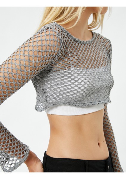 Uzun Kollu Tişört Crop Sim Detaylı Ajurlu İspanyol Kollu Rahat Kesim indirimleri