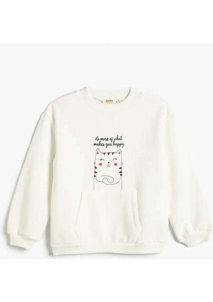 Sweatshirt Şardonlu Kedi Baskılı Yuvarlak Yaka Kanguru Cepli Pamuklu