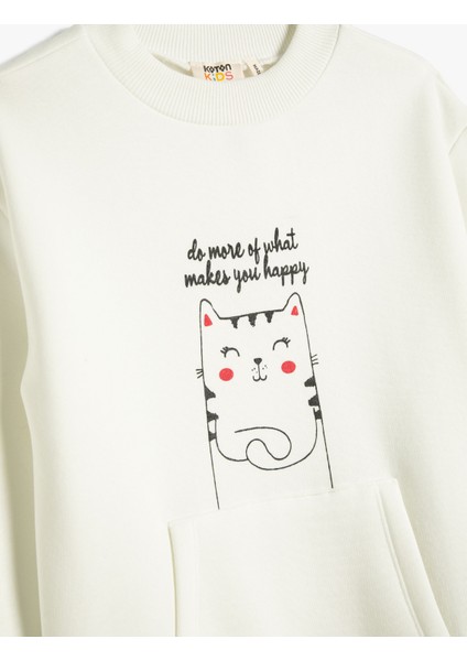 Sweatshirt Şardonlu Kedi Baskılı Yuvarlak Yaka Kanguru Cepli Pamuklu modelleri