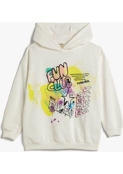 Oversize Kapşonlu Sweatshirt Baskılı Uzun Kollu Şardonlu Pamuklu