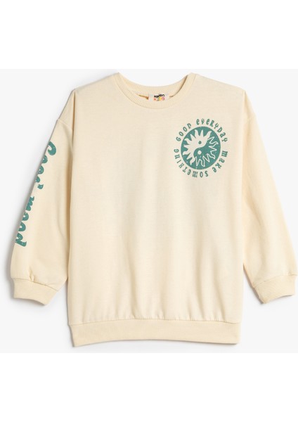 Arkası Baskılı Sweatshirt Şardonlu Bisiklet Yaka Uzun Kollu