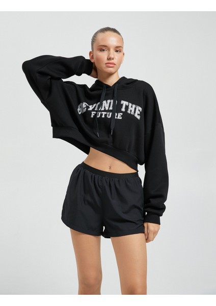 Crop Sweatshirt Spor Slogan Nakışlı Kapüşonlu Ribanalı