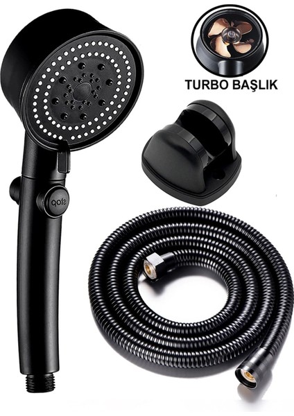 Turbo Duş Başlığı Mafsal Duş Askısı 1,5mt Örgülü Siyah Duş Hortumu 5 Fonksiyonlu Banyo Duş Seti