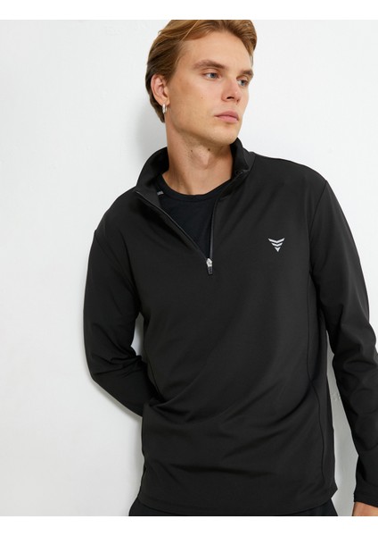 Spor Sweatshirt Dik Yaka Yarım Fermuarlı Baskılı Uzun Kollu