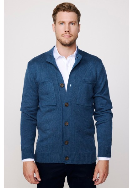 Erkek Slim Fit Dik Yaka Düğmeli Çift Cepli Petrol Yeşili Hırka