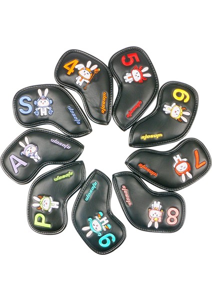 9x Golf Demir Kafa Kapakları Set Pu Tavşan Nakış Koruyucu Headcover Sleeve Siyah (Yurt Dışından)