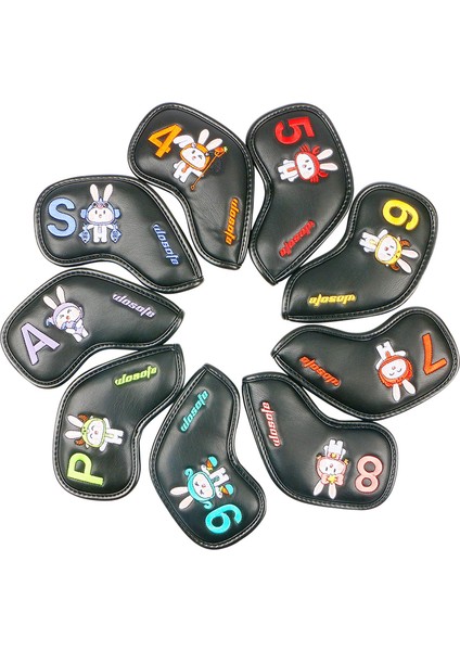 9x Golf Demir Kafa Kapakları Set Pu Tavşan Nakış Koruyucu Headcover Sleeve Siyah (Yurt Dışından) fırsatları