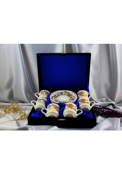 Porselen 6'lı Altın Yaldızlı Fincan Takımı Kadife Kutulu