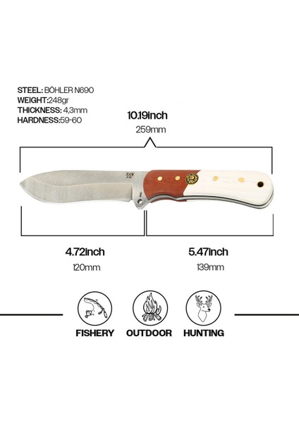 Kam Knife El Yapımı Kılıflı Fonksiyonel Sabit Bıçak - Böhler N690 Çelik - A40 N690 Kızıl Beyaz