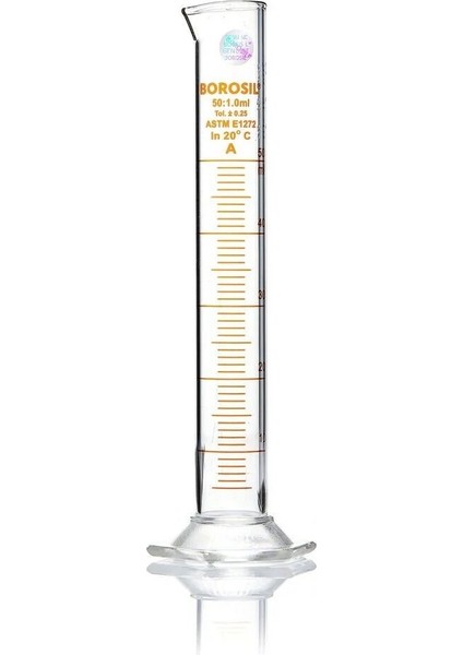 Cam Mezür 50 mL - Dereceli Silindir Sertifikalı - 100% Borosilikat - Altıgen Taban - Taksimat:1.0mL