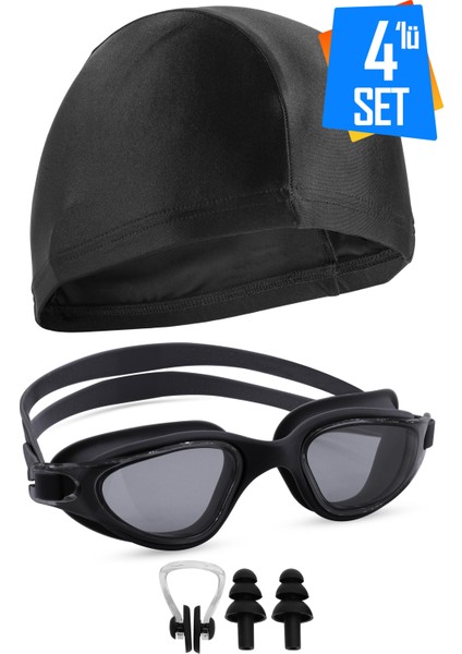 4lü Set Swimmer Pro Buğu Yapmaz Havuz Deniz Yüzücü Gözlüğü Boneli Tıkaçlı Uv Korumalı Yüzme Siyah