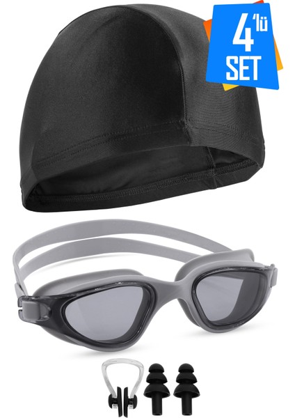 4lü Set Swimmer Pro Buğu Yapmaz Havuz Deniz Yüzücü Gözlüğü Boneli Tıkaçlı Uv Korumalı Yüzme Gri